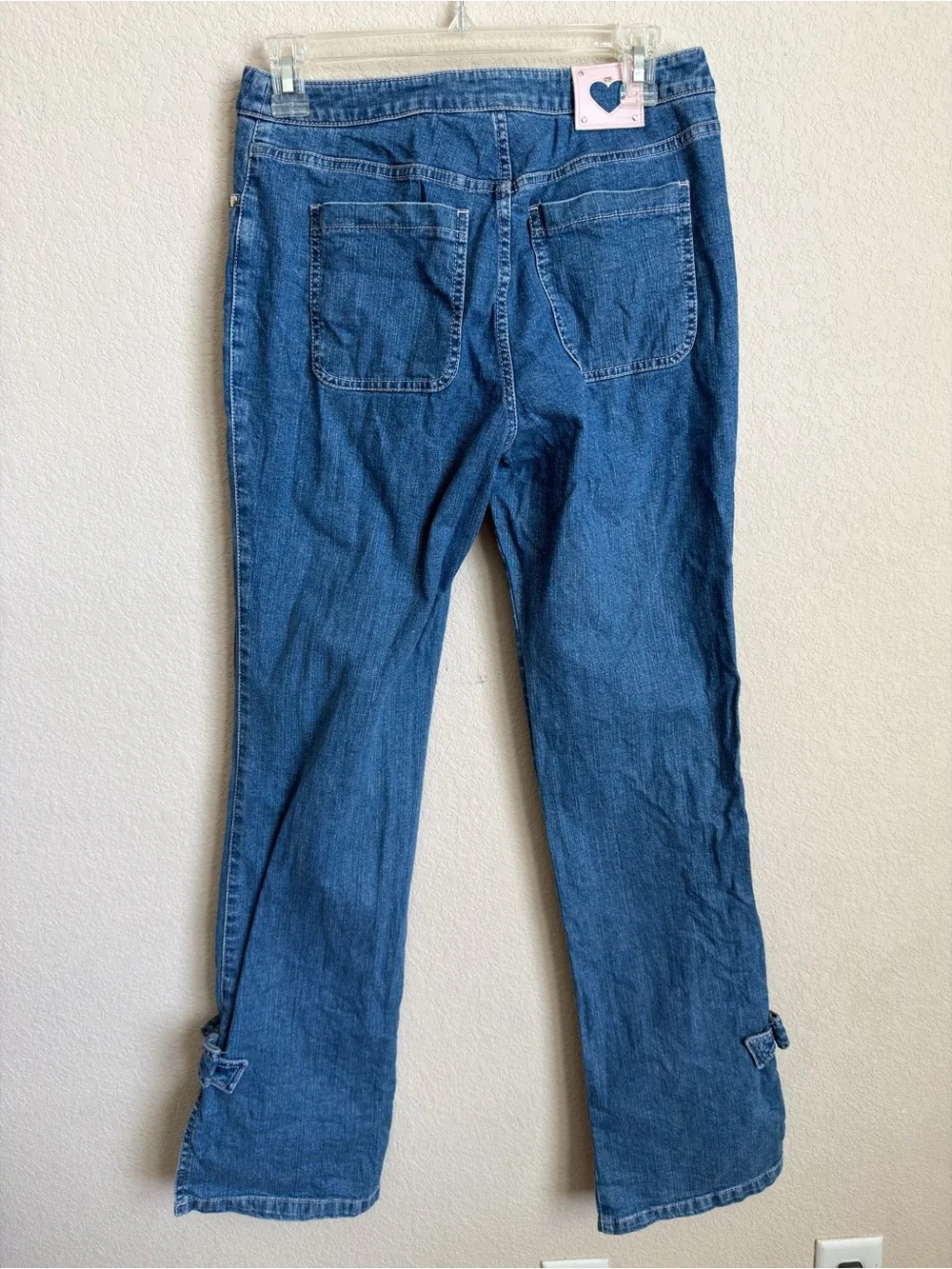 Escada Blue Denim Straight Jeans 36 US 6 Pink Leather Heart Patch Bow Ankle - Picture 11 of 14